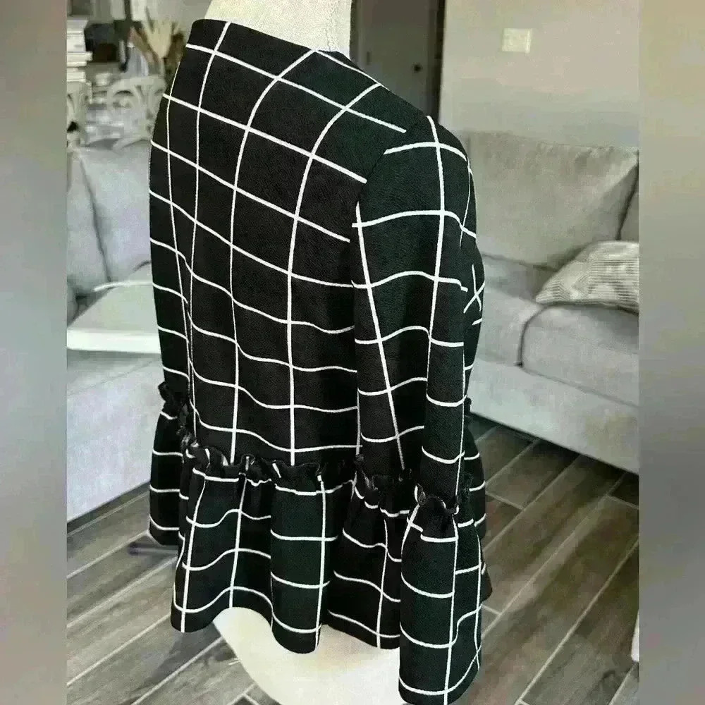 Women's Plaid Open Front  Ruffle Hem Jacket Casual Outerwear Blazer - Picture 4 of 5